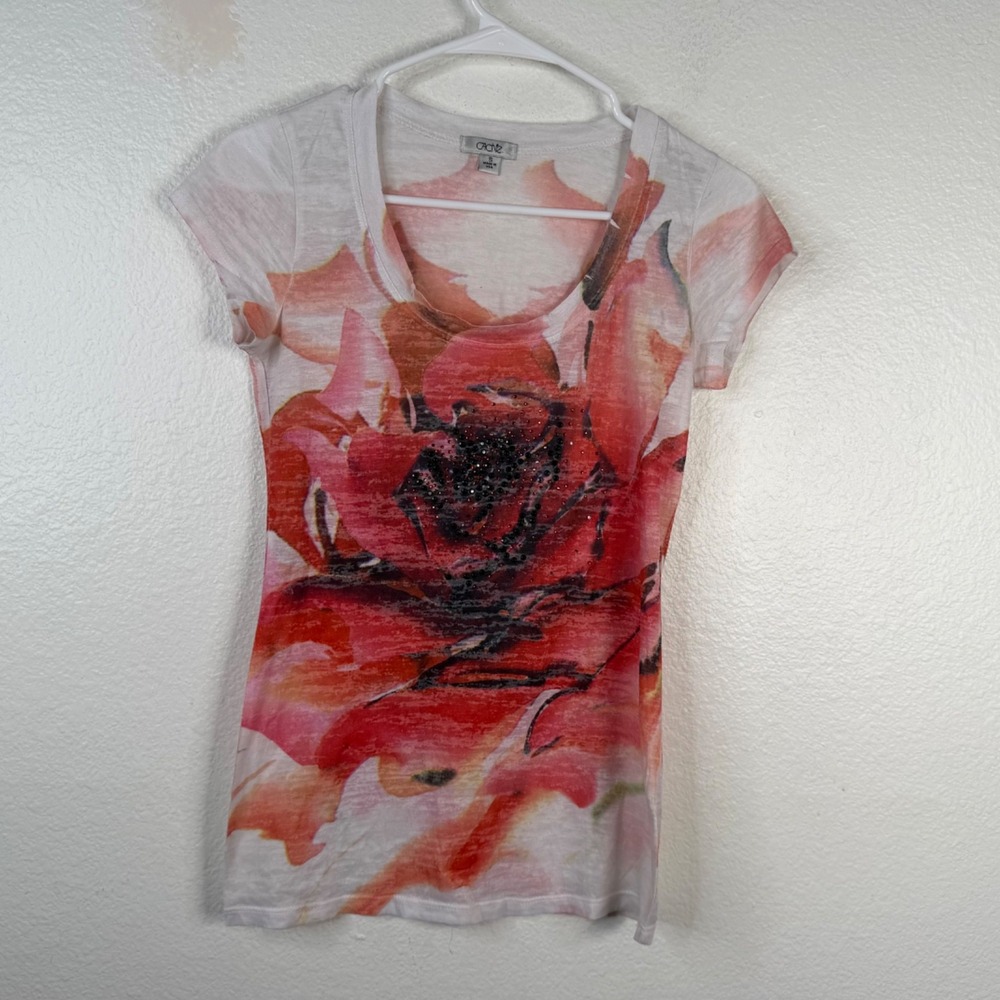 Cache Women's Top White Red Sz S Y2K Rose Rhinestones Fairy Grunge